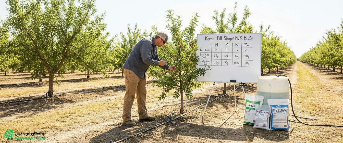 نحوه مدیریت تغذیه‌ای نهال (درخت) بادام در مرحله تشکیل مغز